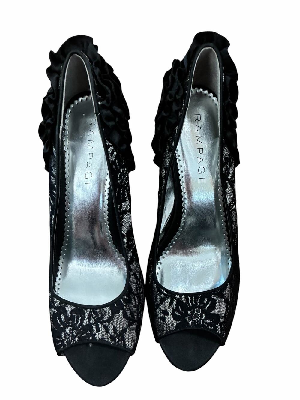 Rampage Womens Black Graceland Lace Satin Open Toe Heels Size 9.5 Whimsygoth